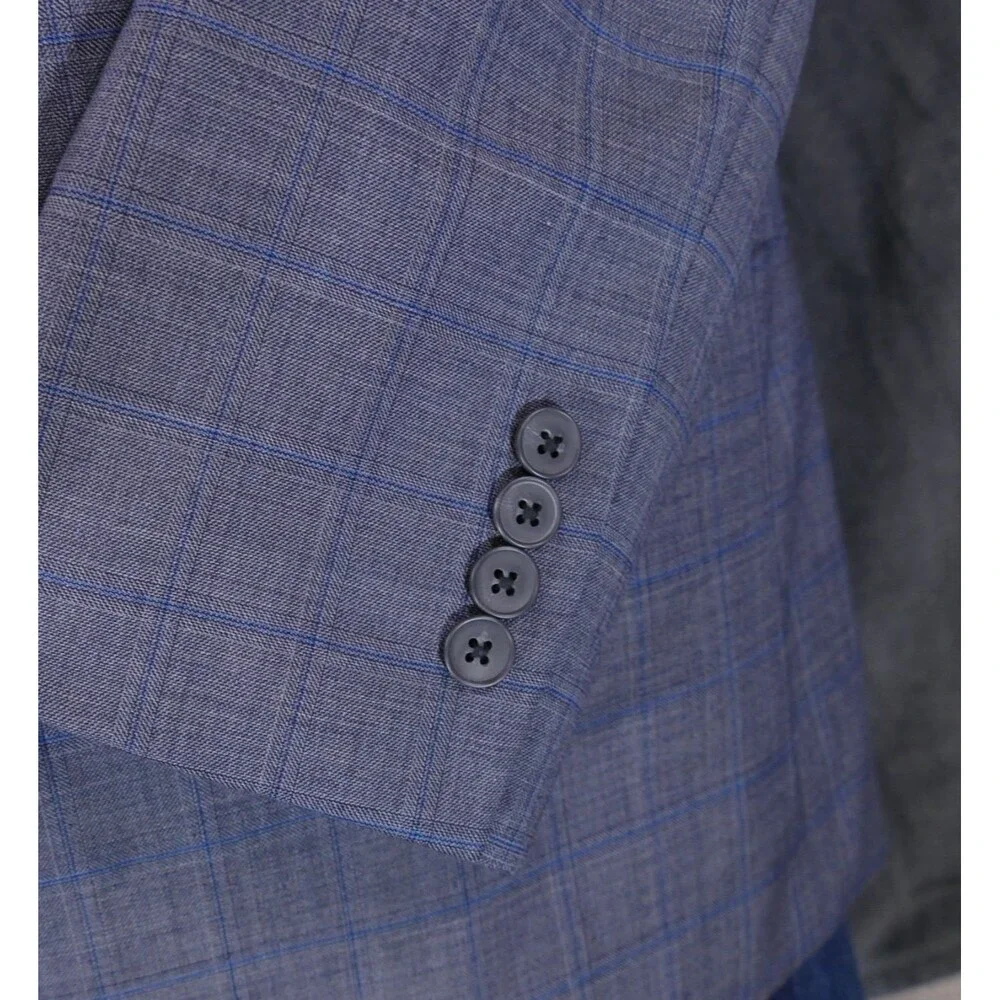 Jos A Bank Traveler Sport Coat Blazer Men 42L Tailored Blue Plaid Wool Blend